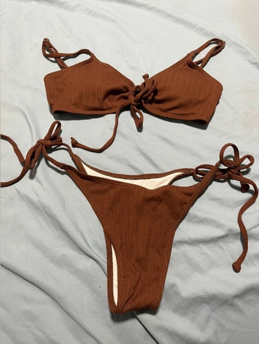 Ribbed Tie-Side Bikini Set in Chocolate Brown